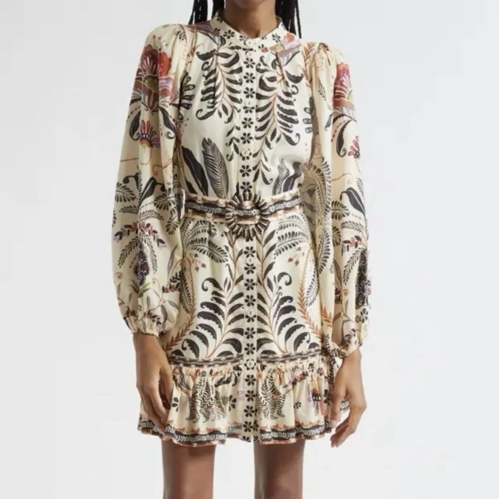 Farm Rio Mixed Print Long Sleeve Cotton Blend Dress , Cream, M